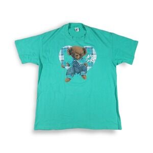 Anvil T-Shirt Brown Teddy Bear W/ Plaid Heart On Front Single Stitch Size XL
